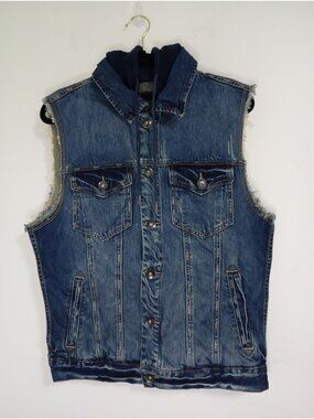 21 Men Los Angeles Denim Vest With Hood Sleeveless Large Blue Distressed Look